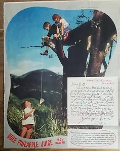 1940 Dole Hawaii Ananassaft aus Hawaii Jungen Mädchen Baum Hütte Haus Anzeige - Bild 1 von 1