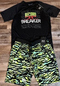 NWT Under Armour YLG Boys Black/Neon Yellow RECORD BREAKER Shorts Set Large - Picture 1 of 5