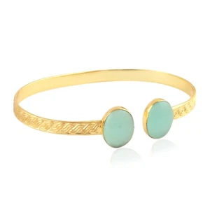 Aqua Chalcedony Gemstone Gold Plated Cuff Statement Boho Bangle Gift For Women - Picture 1 of 6