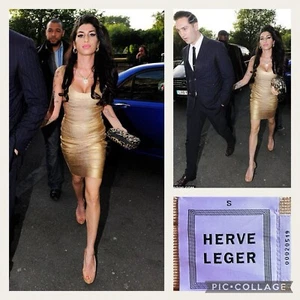 Herve Leger Gold Bandage Dress Size Small UK8-10 US4 Stretch Y2K Bodycon ASO Amy - Picture 1 of 21