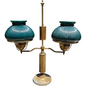Antique Converted 2 Arm Brass Lamp 24”x 20” w/2 Ribbed 8” Green Milk Glass Shade - Picture 1 of 9