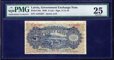 Latvia 5 lati  1940  PMG VF 25 - Image 1 of 2