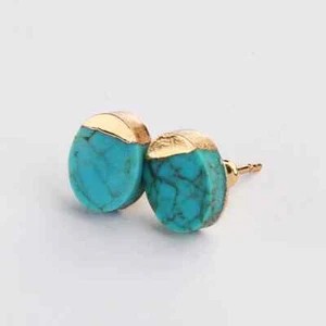 Pair of Natural Turquoise Earring Studs 925 Silver/ 14K Gold Plated Oval Round - Picture 1 of 12