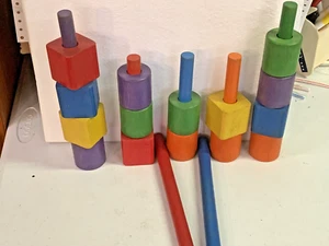 Lot of 22 Vtg Colorful Wooden Building Blocks Shapes & Dowels Children's Toys - Picture 1 of 6