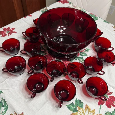 Vtg 20pc Anchor Hocking Ruby Red Punch Bowl Set Stand /Base 18 Cups Christmas EU - Image 1 of 4