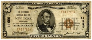 1929 $5 Richmond National Bank of New York, NY Banknote Ch#11655 Fr#1800-1 - Picture 1 of 2