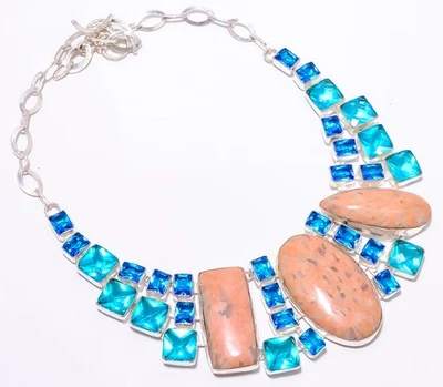 Collar Joyería Natural Aventurina Roja, Topacio Azul Chapado en Plata 16-18" M1526 Foto 1 de 4
