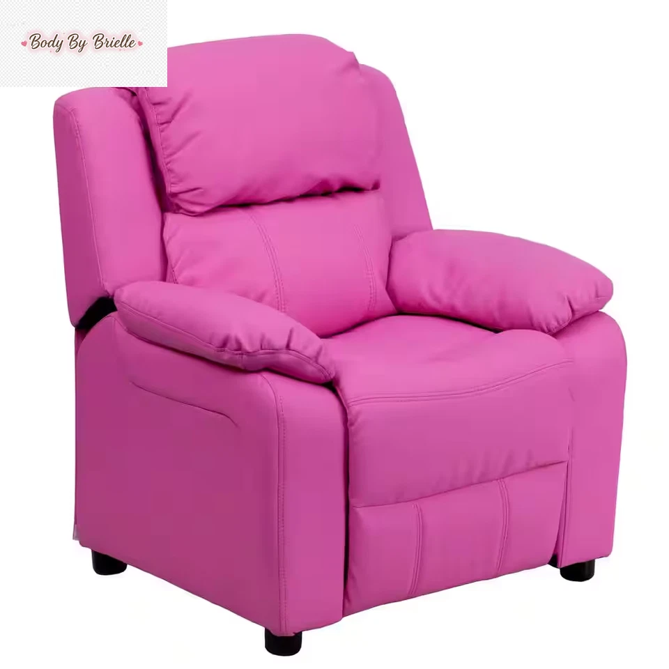 Reclinable de lujo acolchado contemporáneo de vinilo rosa intenso para niños con brazos de almacenamiento Foto 1 de 4