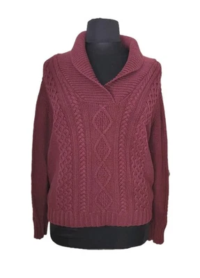 Suéter Eddie Bauer Grueso Tejido con Cable Capucha Cuello Granate Algodón XL Alto Mujer Foto 1 de 4