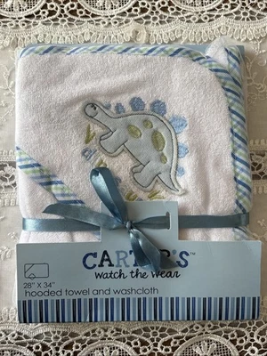 CARTER’ S Dinosaur 28" X 34" Hooded Towel & Washcloth Set Green/Blue Trim NEW - Image 1 of 4