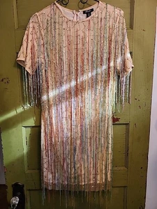 Nasty Gal Mini Shift Dress Beaded Fringe Womens 8 New Multicolored - Foto 1 di 22