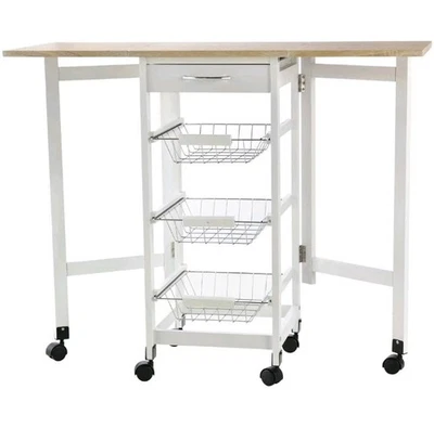 HOMCOM Drop-Leaf Kitchen Trolley w/ 3 Baskets Drawer Surface Top 6 Wheels White  - Image 1 of 4