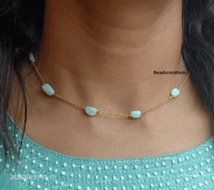 Smooth Oval Amazonite Beads Beaded Chain Necklace Jewelry Gifted - Picture 1 of 5