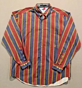 VTG Mens Tommy Hilfiger Shirt Button Down LS Maroon Blue XL like Brushpopper - Picture 1 of 12