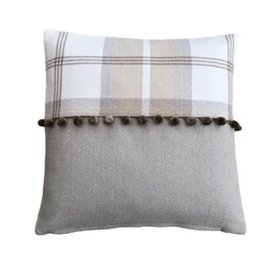 Balmoral Bespoke pompom trim Natural Beige Tartan tweed Decorative cushion cover - Picture 1 of 5