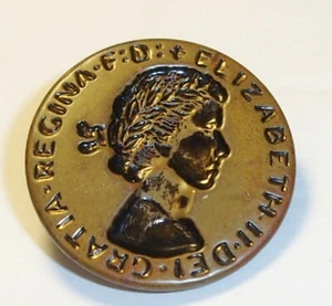 Vintage Metal Shank BUTTON Gold Tone ELIZABETH II DEI GRATIA REGINA F:D: 1 1/8"  - Picture 1 of 3