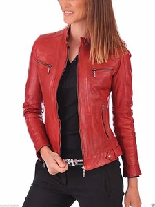 Red Women's Lambskin Soft Real Leather Jacket Motorcycle Slim Fit Biker Jacket - Picture 1 of 4