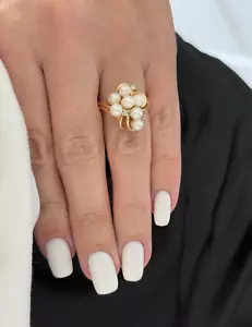 14K Yellow Gold Women's Pearl & Natural Diamond Ring Size 6.5US - Picture 1 of 6