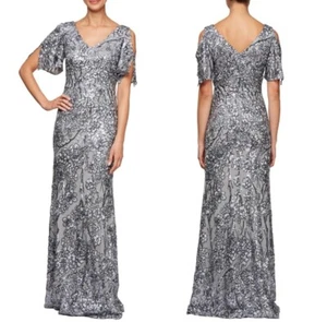 ($ 259) Alex Abend Pailletten Spitze Cold Shoulder Trompetenkleid Gr. 12 Silber, Neu - Bild 1 von 9