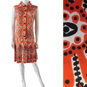 Vintage 60s L’aiglon Psychedelic Drop Waist Pleated Dress, M/L Orange Blk Wht - Bild 1 von 12