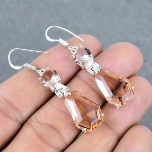 Morganite Gemstone Handmade Stylish Dangle &Drop Coffin Earring For Gifts - Picture 1 of 4