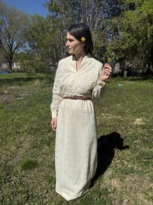 Maxi Vestido de Anfitriona Boho Pradera Años 70 Encaje Blanco Simple Boda Años 70 De Colección L  Foto 1 de 4