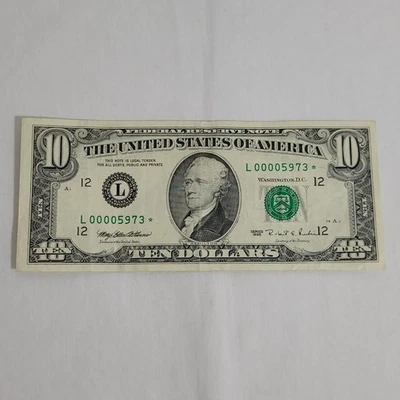 1995 Ten Dollar $10 Bill Star Note Low Serial Number L00005973* Circulated - Image 1 of 4