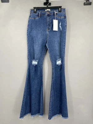 Pantalones de mezclilla Hammer para mujer de tiro alto talla 13 parte inferior de campana súper acampanada dobladillo crudo desgastados Foto 1 de 4