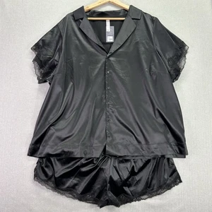 Lane Bryant Cacique Satin Sleep Set Plus 22/24 Top & Shorts Silky Black Lace NWT - Picture 1 of 13
