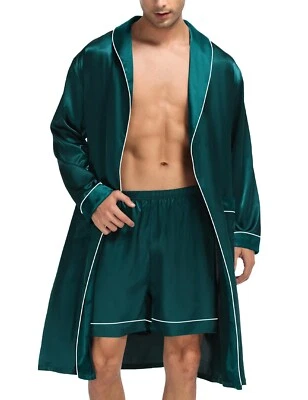 Roupão de cetim masculino sedoso quimono conjunto de roupão de banho com shorts roupa íntima leve - Imagem 1 de 4