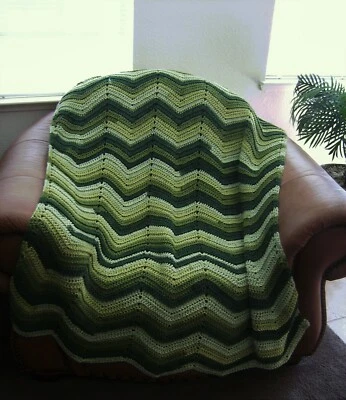  NEW HAND CROCHET SHADES OF GREEN MULTI COLOR RIPPLE AFGHAN LAP BLANKET THROW - Image 1 of 4