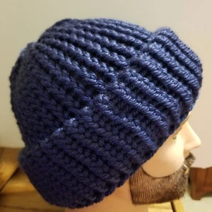 XL Sapphire Blue Wool Blend Extra Thick/Warm Soft Hand Knit 100% Handmade Beanie - Picture 1 of 4