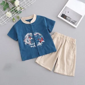 Chinese Children Clothes Tang Suit Boy Hanfu Short Sleeves Shirt Shorts Vintage - Picture 1 of 18