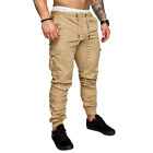 Mens Elasticated Waist Cargo Combat Work Trousers Joggers Pocket Cuffed Pants