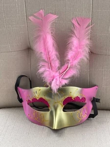 Ligh Up Mask Pink Faux Feather Party Mask Women Masquerade Eye Mask - Picture 1 of 11