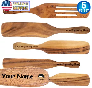 Personalized Spurtle Kitchen Cooking Utensil Teak Wood Wooden Spatula Spoon 5pc - Picture 1 of 8