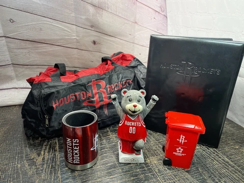 Houston Rockets Memorabilia Notebook, Koozie, Duffel Bag, Pig Bank Pencil Holder Cover