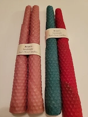 4  PURE BEES' WAX  9'' TAPER CANDLES  HANDMADE Rolled Honeycomb Pink Red Green - Image 1 of 4