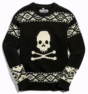 Schott Bros. Wollmischung Jolly Roger Skull Fair Isle Pullover Schwarz Herren Größe S - Bild 1 von 5