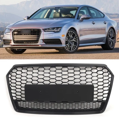 RS7 Style Front Honeycomb Mesh Grill Grille For Audi A7 S7 2016-2018 Gloss Black - Image 1 of 4