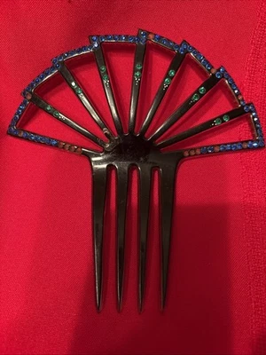 Peine de pelo ornamentado vintage de celuloide mantilla azul verde estrás Foto 1 de 4