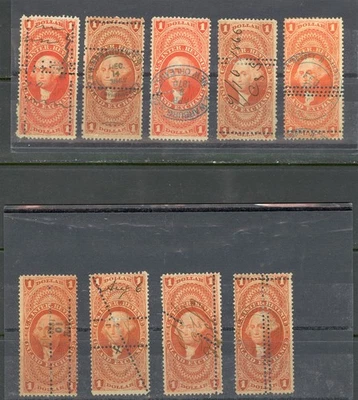 USA SEL OF 9 $1.00 INLAND EXCHANGE REVENUES WITH VARIOUS MISPERF VARIETIES - Image 1 of 2
