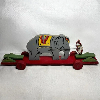 复古马戏团大象和翻转小丑拉玩具 - 罕见 - 20 世纪 40 年代 - 木材 — 第 1/4 张图片