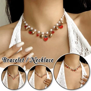 Cute Cherry Strawberry Heart Pearl Necklace Women Sweet Imitation Pearl Jewelry - Picture 1 of 35