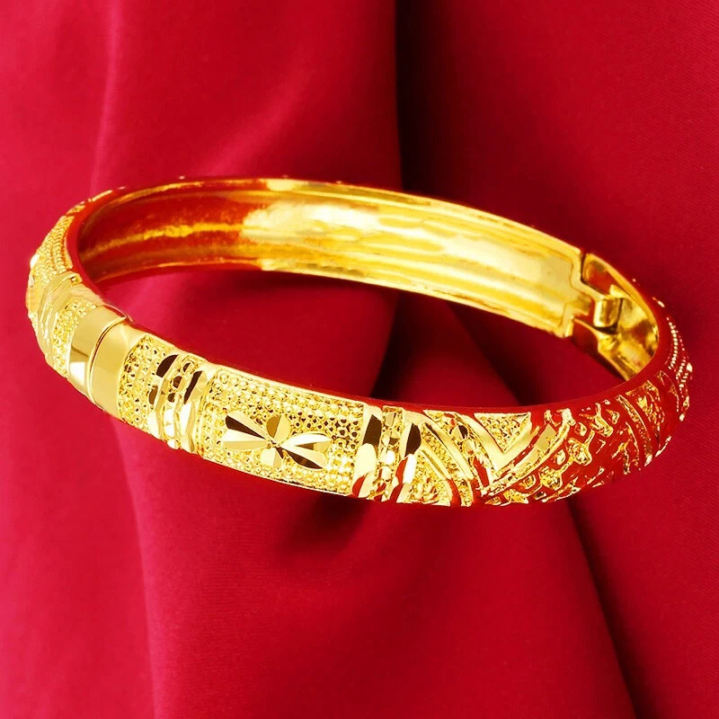 Brazalete ancho relleno de oro amarillo de 24 k con apertura para mujer de 7" corte italiano D808 Foto 1 de 4