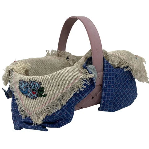 vintage basket with embroidered liner CATS and HEARTS pink blue wicker handmade Cover