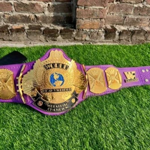 Wing Eagle Championship Wrestling Belt 4 MM Zinc Gold Plate Purple Leather Strap - Picture 1 of 5