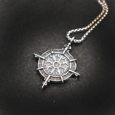 Stainless Steel Boys Mens Viking Vegvisir Compass Pendant Necklace Amulet Gift - Image 1 of 4