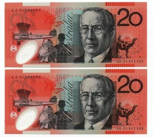 Australia 2002 $20 Macfarlane/ Henry First Prefix consecutive banknotes AA02 UNC - Bild 1 von 2