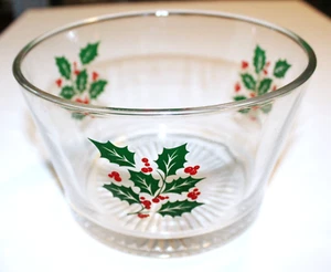 Vintage Christmas Indiana Glass Bowl Clear w/ Green Holly Red Berry Ice Bucket - Picture 1 of 7